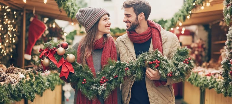 Young couple is holding christmas decorations while strolling through a christmas market