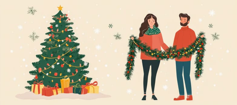 Young couple is decorating their home for christmas with a garland and a tree with presents underneath