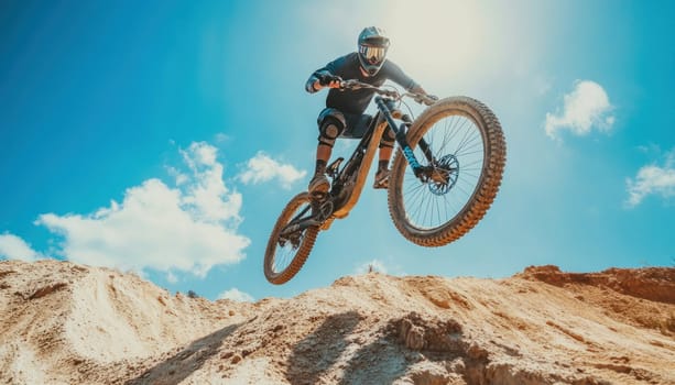 Professional cyclist is performing an extreme jump on his mountain bike on a sunny day