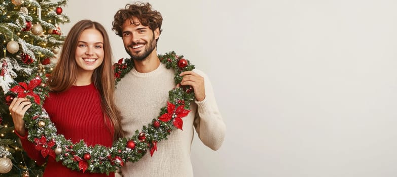 Young couple is holding a christmas garland and smiling with a christmas tree in the background