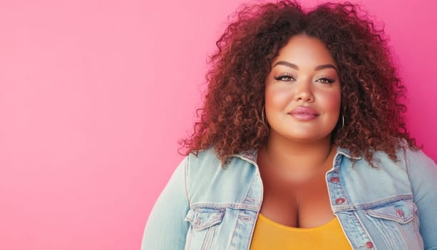 Beautiful plus size model with curly hair is posing in a studio, wearing a denim jacket