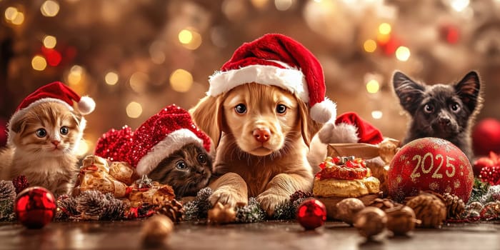Festive pet shop 2025 design with christmas puppies and kittens in santa hats.