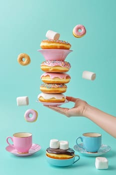 Hand holding a cup and saucer with floating donuts and marshmallows above it on a blue background. This whimsical image is perfect for advertising or social media