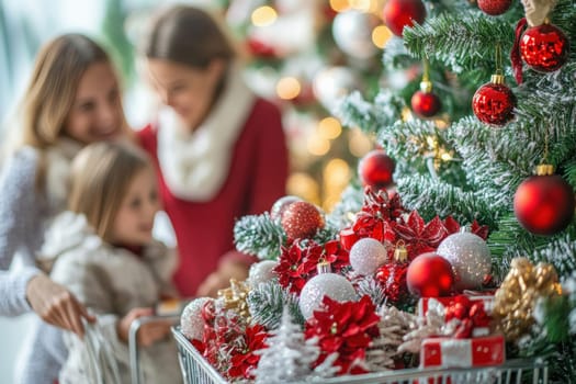 Family is enjoying putting up their christmas tree, choosing ornaments from a shopping cart full of decorations
