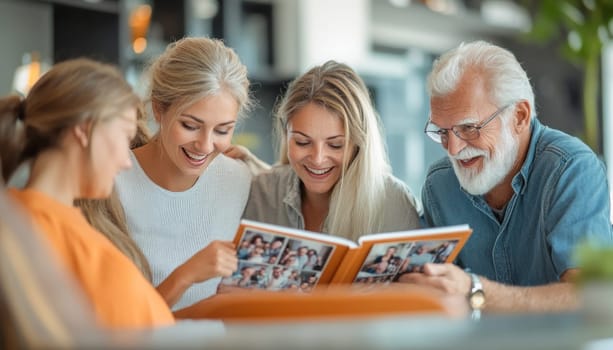 Happy family smiling while looking at old photos in a photo album, enjoying their time together