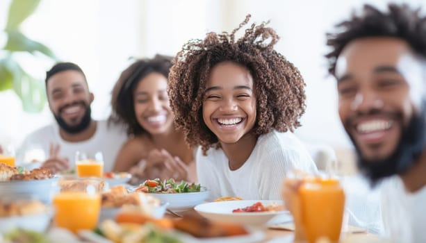 Happy family enjoying healthy lunch together, laughing and having fun at home