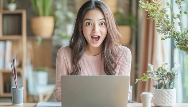 Young woman is working from her home office, looking surprised at her laptop
