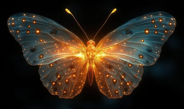 A mystical glowing butterfly on a black background. Selective focus.
