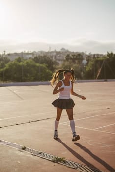 A lively and cheerful girl joyfully enjoys running on a sunlit sports court, embodying pure energy and freedom