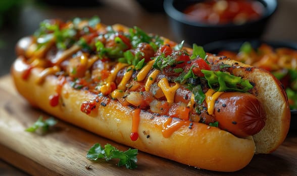 Juicy hot dog with fresh filling on a wooden board. Selective focus.
