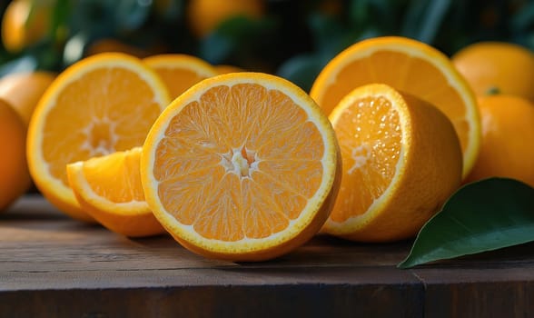 A juicy cut orange lies on a wooden board. Selective focus.