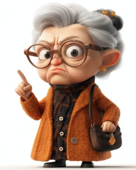 Cartoon dissatisfied elderly woman shakes her finger, on a white background. Selective focus.