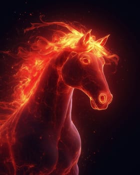 A majestic fiery horse on a dark background demonstrates its dynamic movements. Selective focus.