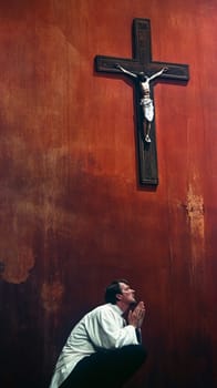Priest praying before a crucifix on a red wall, exuding faith and devotion with hands clasped in reverence. Ideal for religious concepts with ample copy space