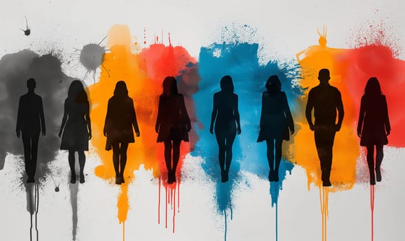 Illustration, black silhouettes of people walking in a row, on a light background.Selective focus.