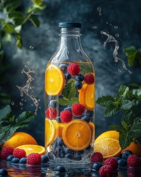 Glass bottle with drink filled with orange slices, berries. Selective focus.