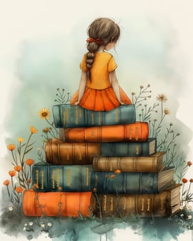 Illustration girl sitting on a stack of books.Concept of knowledge. Selective focus.