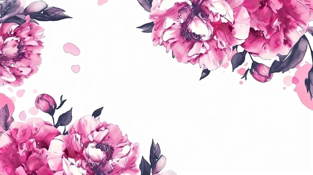 Vibrant pink peonies are arranged beautifully, surrounded by soft watercolor splashes, creating a fresh and elegant design suitable for various artistic projects.