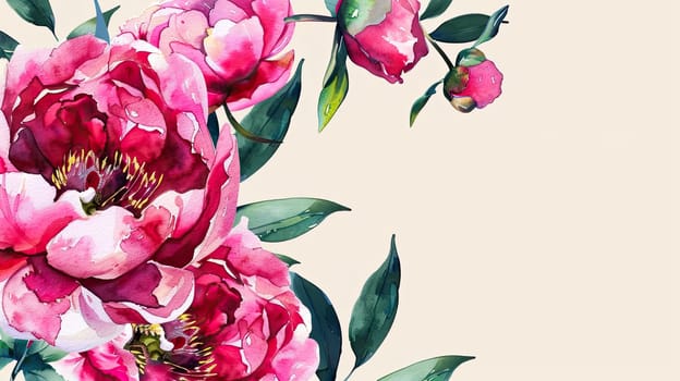 A stunning display of vibrant pink peony flowers and green leaves is arranged elegantly against a light beige background, creating a sense of tranquility and beauty.