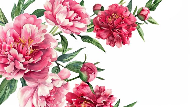 A stunning arrangement of peonies features a mix of pink and red blooms, accompanied by deep green leaves. The flowers create a striking visual against a white background.