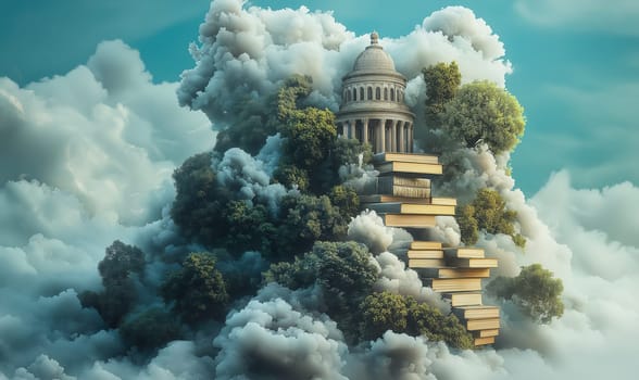 Abstract painting with books rising in stacks into the clouds, a symbol of knowledge and education. Selective focus.