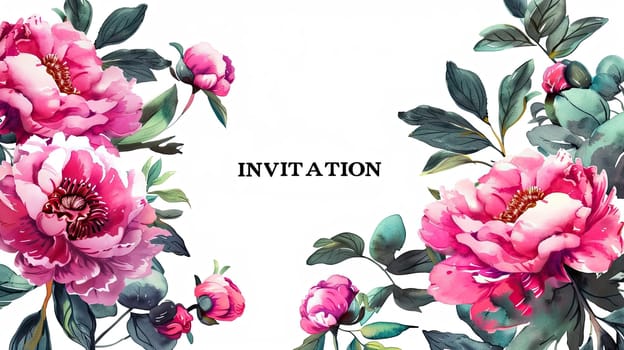 The floral invitation showcases vibrant pink peonies and rich green foliage elegantly framing the word INVITATION, perfect for a celebratory event.