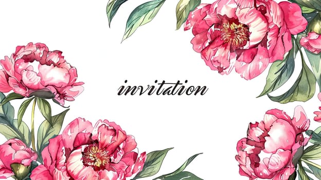 A stunning invitation layout showcases delicate pink peonies with vibrant green leaves, elegantly framing the word invitation in stylish script.
