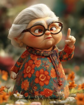 Cartoon dissatisfied elderly woman shakes her finger, on a white background. Selective focus.