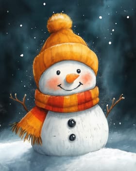 Illustration with a cheerful snowman on a snowy landscape. Selective focus.