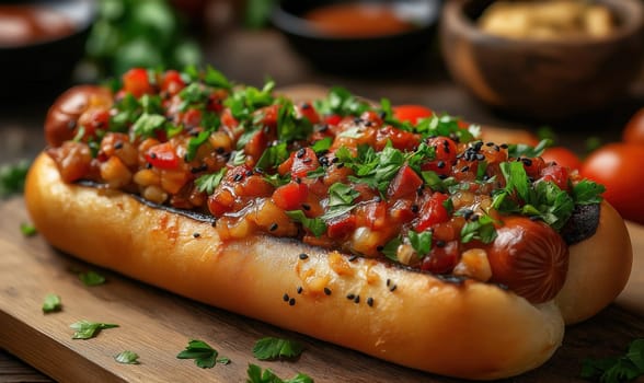 Juicy hot dog with fresh filling on a wooden board. Selective focus.