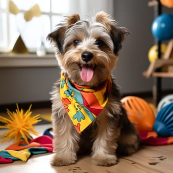 Dog wearing a colorful bandana is sitting on the floor in front of a bunch of colorful balls