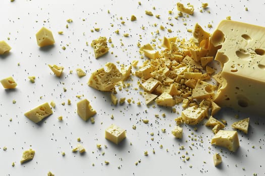 Realistic depiction of scattered small cheese pieces on a crisp white background, Generated by AI