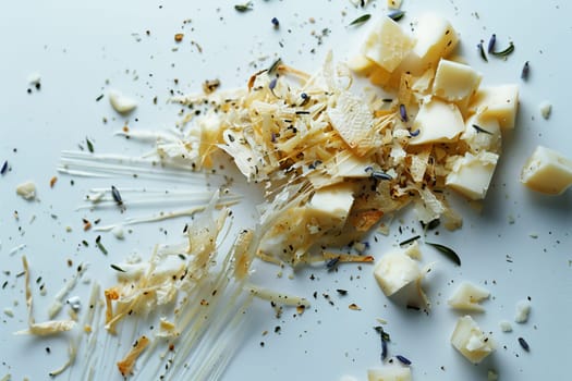 Realistic depiction of scattered small cheese pieces on a clean white background for culinary art, Generated by AI