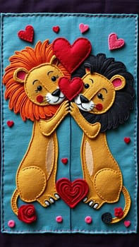 Two lions made of felt holding a red heart, a craft for valentine's day, showing love and affection with hearts and flowers