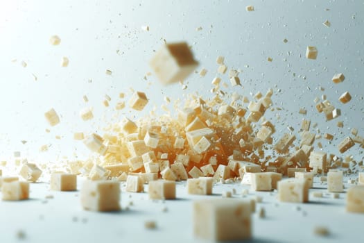 Realistic image of scattered small cheese pieces on a white background for culinary inspiration, Generated by AI
