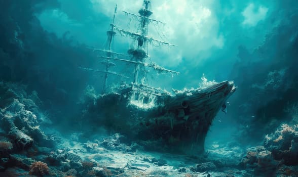 Illustration, a sunken sailing ship on the seabed. Selective focus.