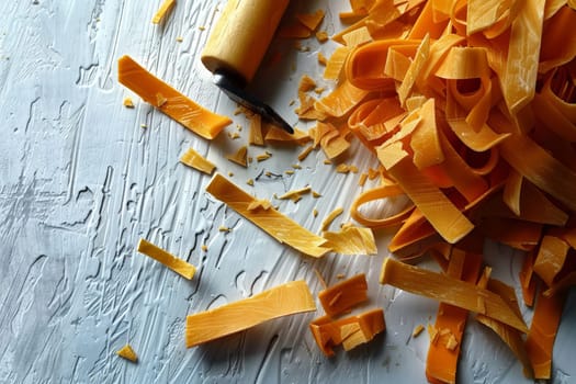 Realistic depiction of scattered small cheese pieces on a white background for culinary appeal, Generated by AI