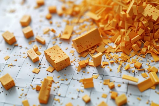 Realistic arrangement of scattered small pieces of cheese on a clean white background, Generated by AI