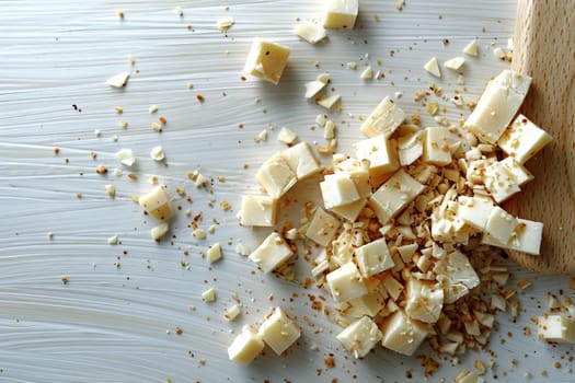 Realistic depiction of scattered small cheese pieces on a clean white background, Generated by AI
