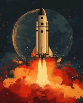 A rocket launches into the vibrant sky, surrounded by billowing clouds and a backdrop of distant stars. Selective focus.