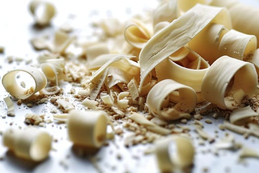 Realistic image of scattered small pieces of cheese against a plain white background, Generated by AI