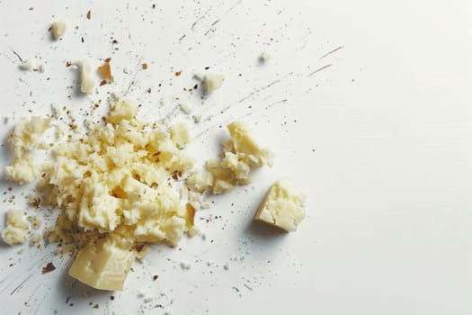 Realistic depiction of scattered small cheese pieces on a clean white background, Generated by AI