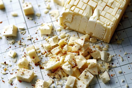 Realistic depiction of scattered small cheese pieces on a clean white background, Generated by AI