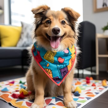 Dog with a yellow bandana on its neck is smiling and looking at the camera. The image has a cheerful and playful mood, as the dog appears to be enjoying its time and is happy to be photographed