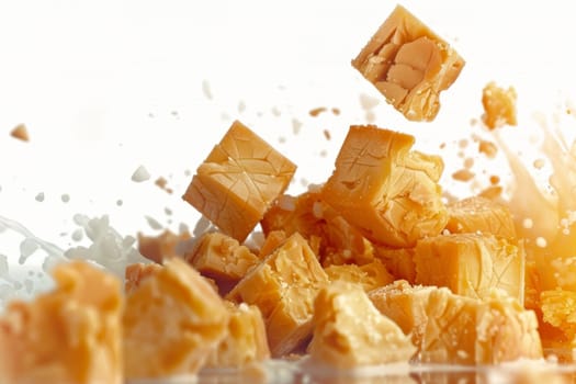 Realistic depiction of scattered small pieces of cheese on a clean white background for culinary use, Generated by AI