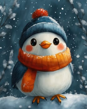 Illustration with a small bird in a hat on a snowy landscape. Selective focus.
