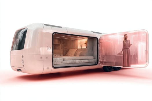 A sleek mobile hotel showcases a minimalist interior, featuring a spacious bed and convenient amenities. The innovative design caters to modern travelers who prioritize comfort for sales website