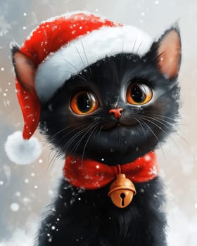 Cartoon black cat in Santa's hat on a white background. Selective focus.