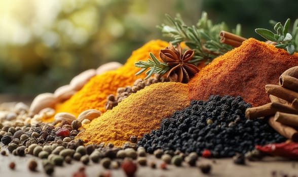 Fresh spices and herbs for food on table. Selective focus.