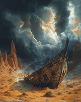 Abandoned boat falling apart in the desert against the backdrop of thunderclouds. Selective focus.
